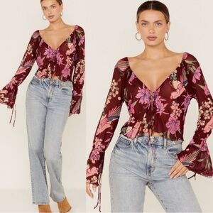 Free People Of Paradise Floral Bell Sleeve Top Womens Medium Boho Red Pink Shirt